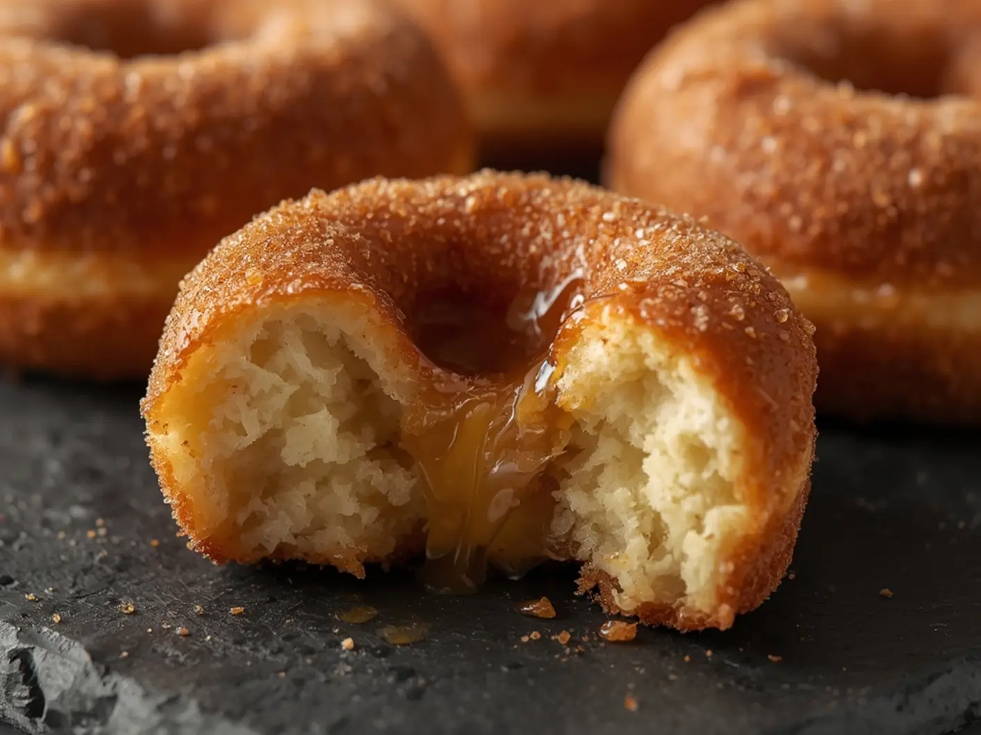 Air Fryer Cinnamon sugar donut: Golden brown air fryer cinnamon sugar donut on a cooling rack with a fluffy interior and sparkling sugar coating