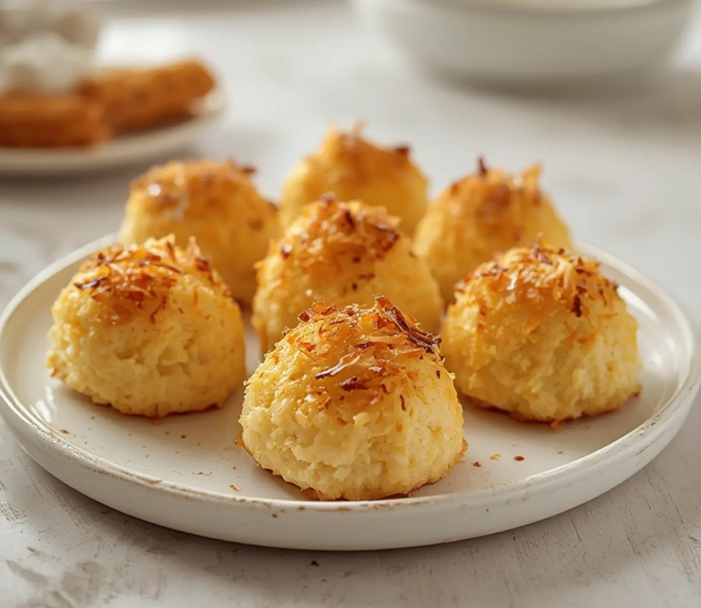 air fryer coconut macaroons: Golden brown crispy coconut macaroons stacked on a plate, showing chewy interior texture.