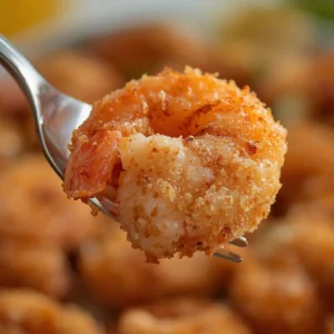 Air Fryer Coconut Shrimp: Golden brown air fryer coconut shrimp with crispy coconut breading and pink tails on a plate.