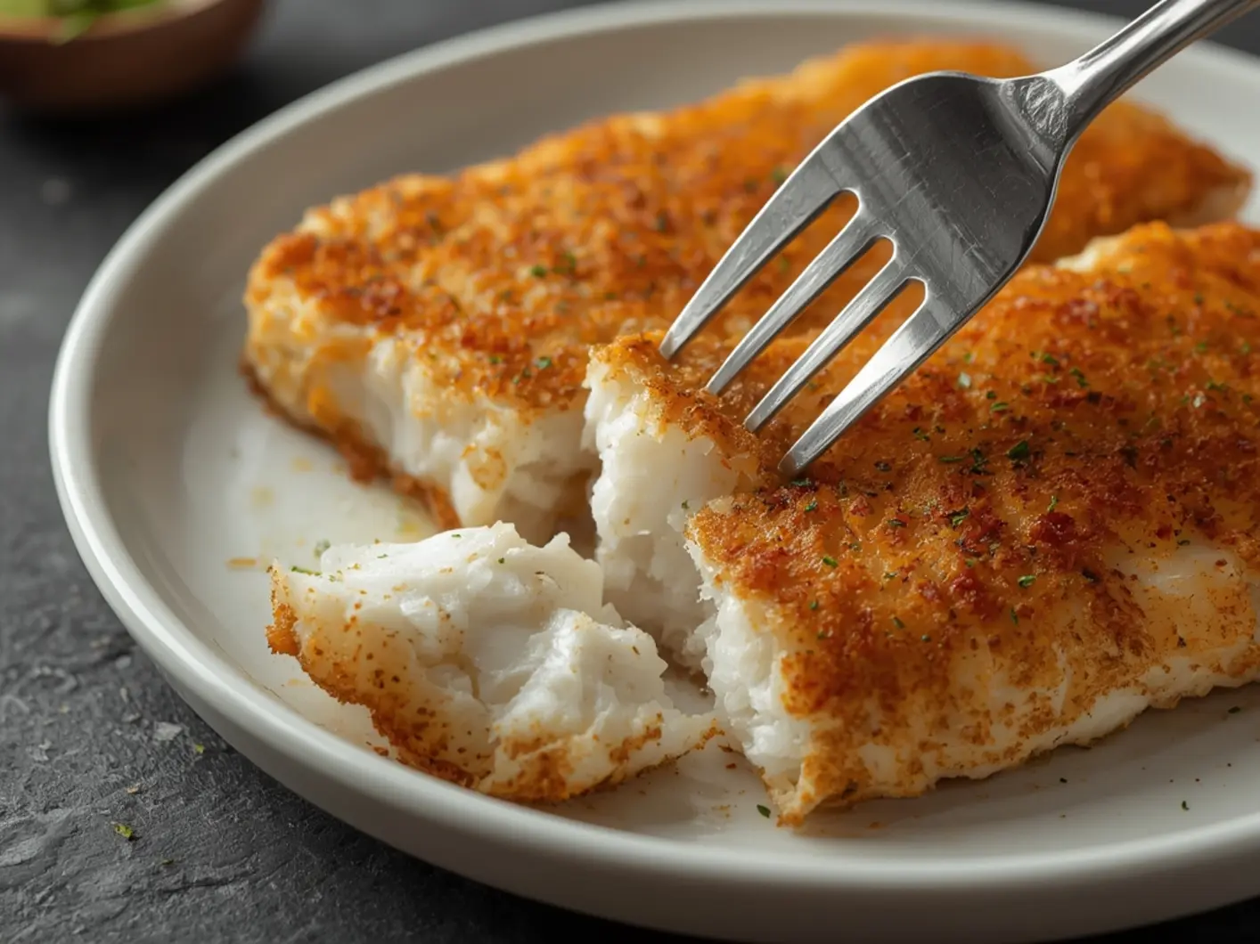 air fryer cod fillets spring: Golden crispy air fryer cod fillets on a white plate, flaky texture visible, with lemon wedge garnish.