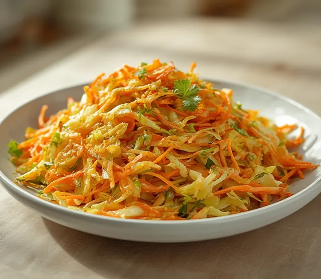 air fryer coleslaw crunchy: Crispy air fryer coleslaw with shredded cabbage and carrots, golden edges, crunchy texture.