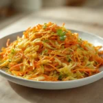 air fryer coleslaw crunchy: Crispy air fryer coleslaw with shredded cabbage and carrots, golden edges, crunchy texture.