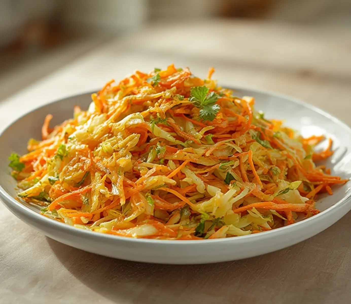 air fryer coleslaw crunchy: Crispy air fryer coleslaw with shredded cabbage and carrots, golden edges, crunchy texture.