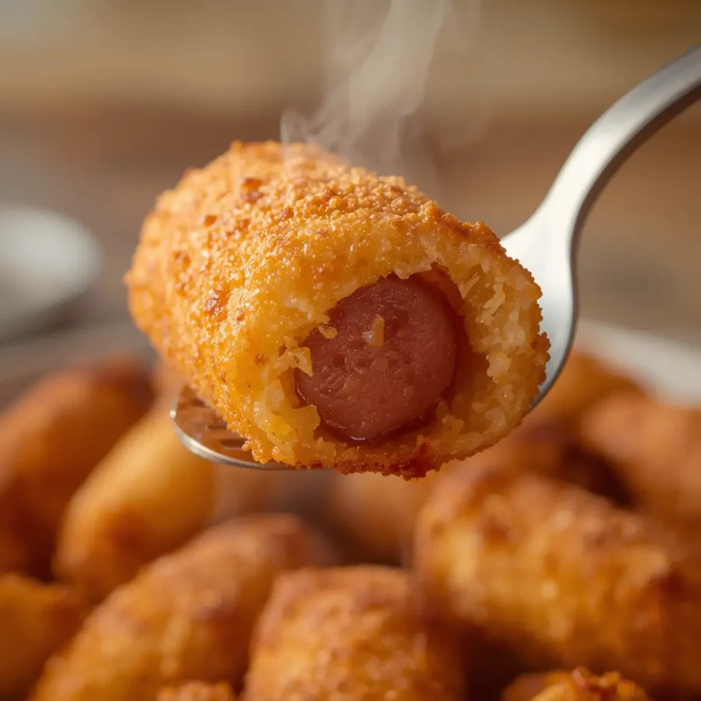 air fryer corn dogs summer: Crispy golden air fryer corn dogs with crunchy cornmeal coating and visible hot dog center, perfect summer snack.
