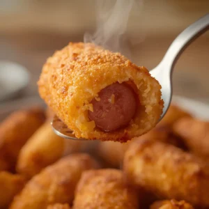 air fryer corn dogs summer: Crispy golden air fryer corn dogs with crunchy cornmeal coating and visible hot dog center, perfect summer snack.