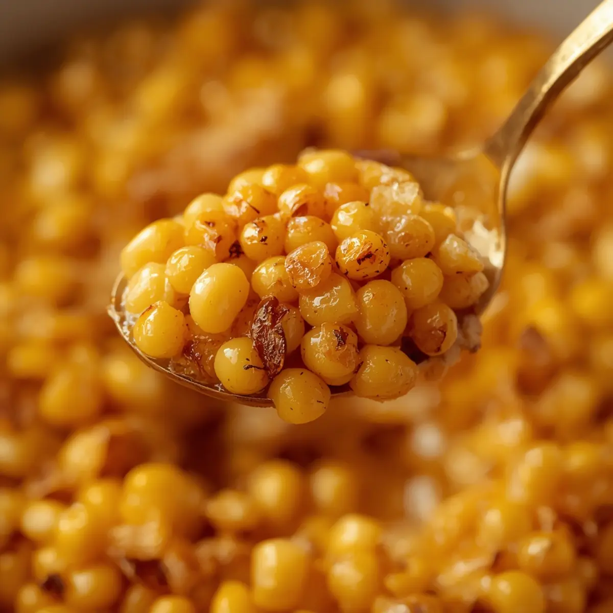 Air Fryer Corn: Close-up of golden, crispy air fryer corn kernels with buttery shine and charred edges.