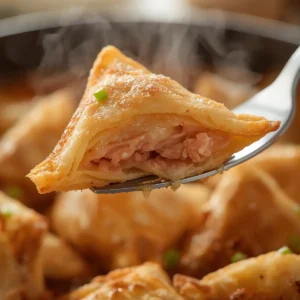 Air Fryer Crab Rangoon: Golden brown crispy air fryer crab rangoon on a plate with sweet chili sauce.