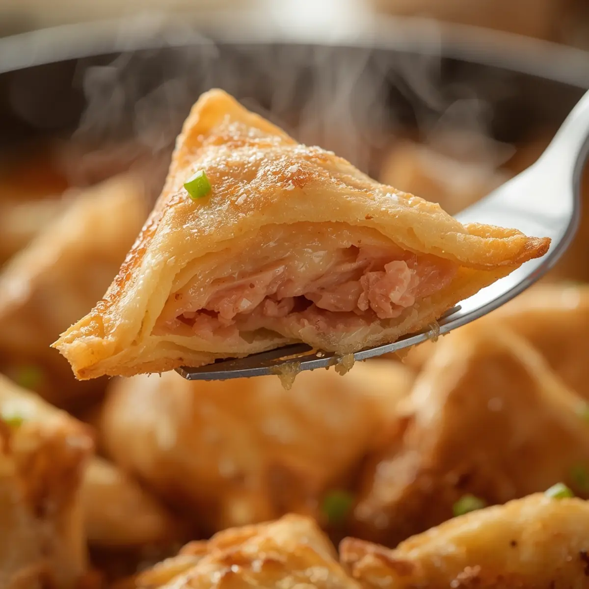 Air Fryer Crab Rangoon: Golden brown crispy air fryer crab rangoon on a plate with sweet chili sauce.