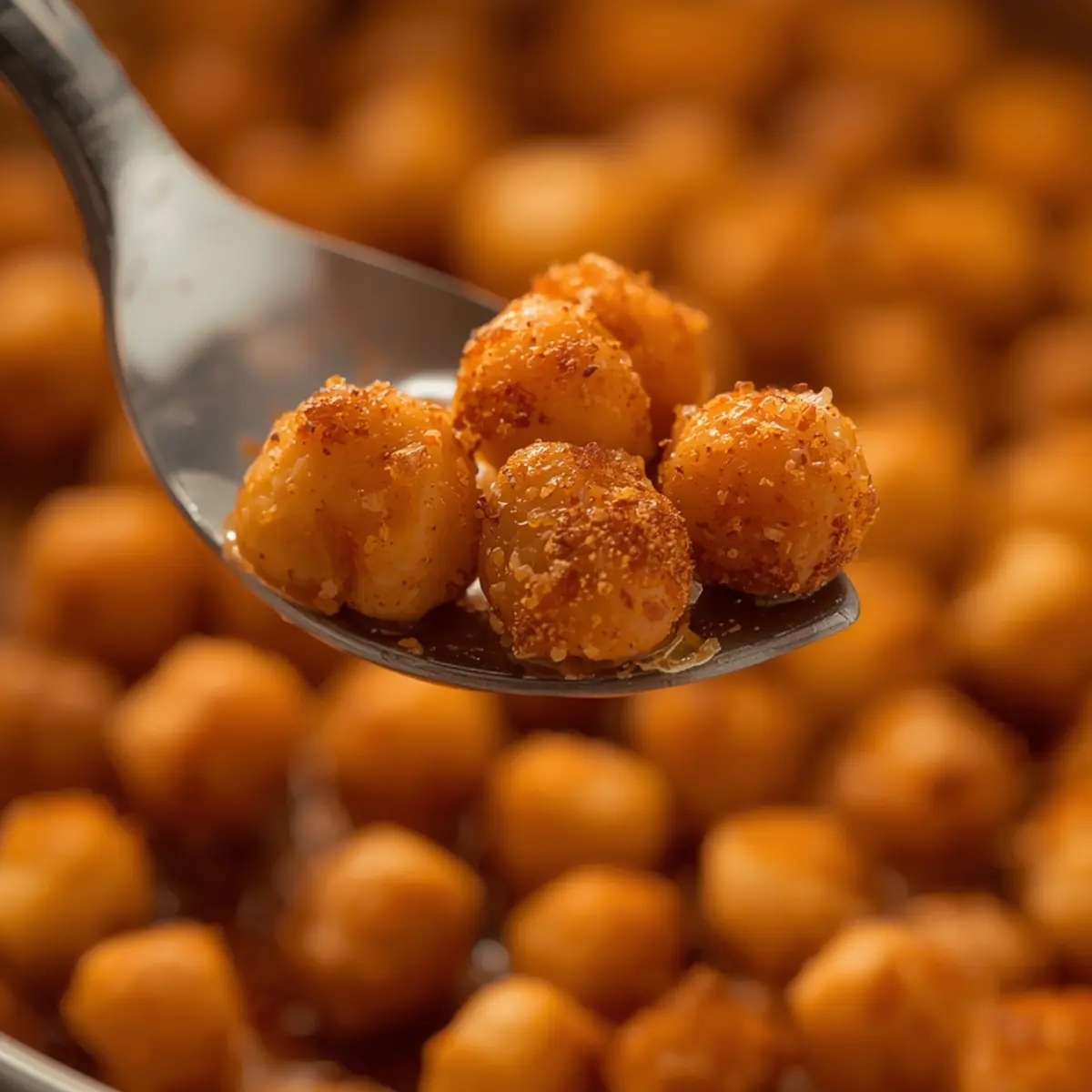 Air Fryer Crispy Chickpeas: Close-up of golden crispy air fryer chickpeas in a rustic bowl, showing their crunchy texture and vibrant spice coating.