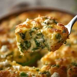 air fryer egg casserole spring: Golden brown air fryer egg casserole with green asparagus and spinach chunks in a round pan, steaming and ready to eat.