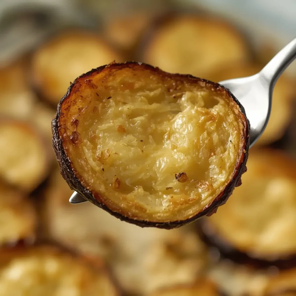 Air Fryer Eggplant: Crispy golden brown air fryer eggplant slices stacked on a plate with steam rising.