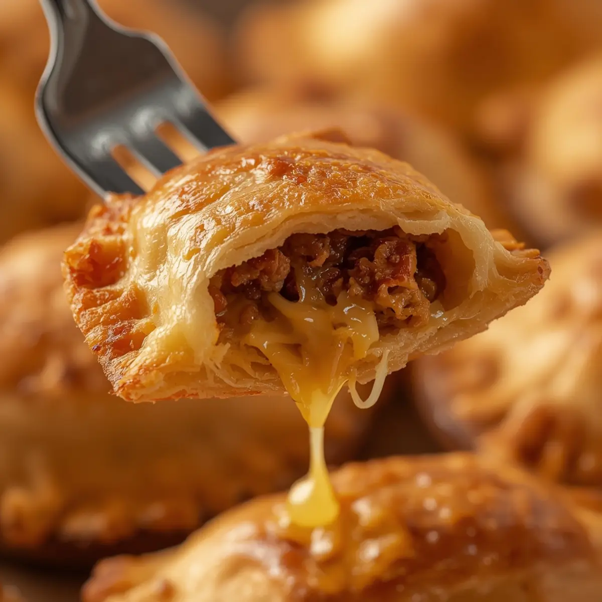 Air Fryer Empanadas: Golden brown air fryer empanadas with flaky pastry and melted cheese filling on a rustic plate.