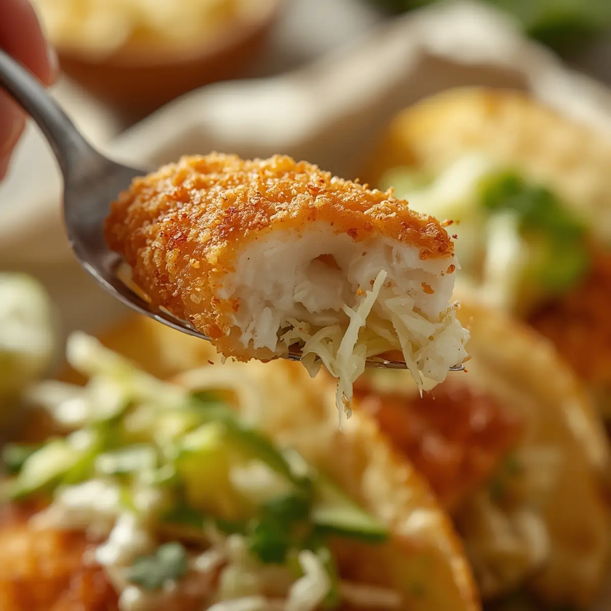 Air Fryer Fish Tacos: Crispy golden air fryer fish taco with green cabbage slaw and avocado slices on a corn tortilla.