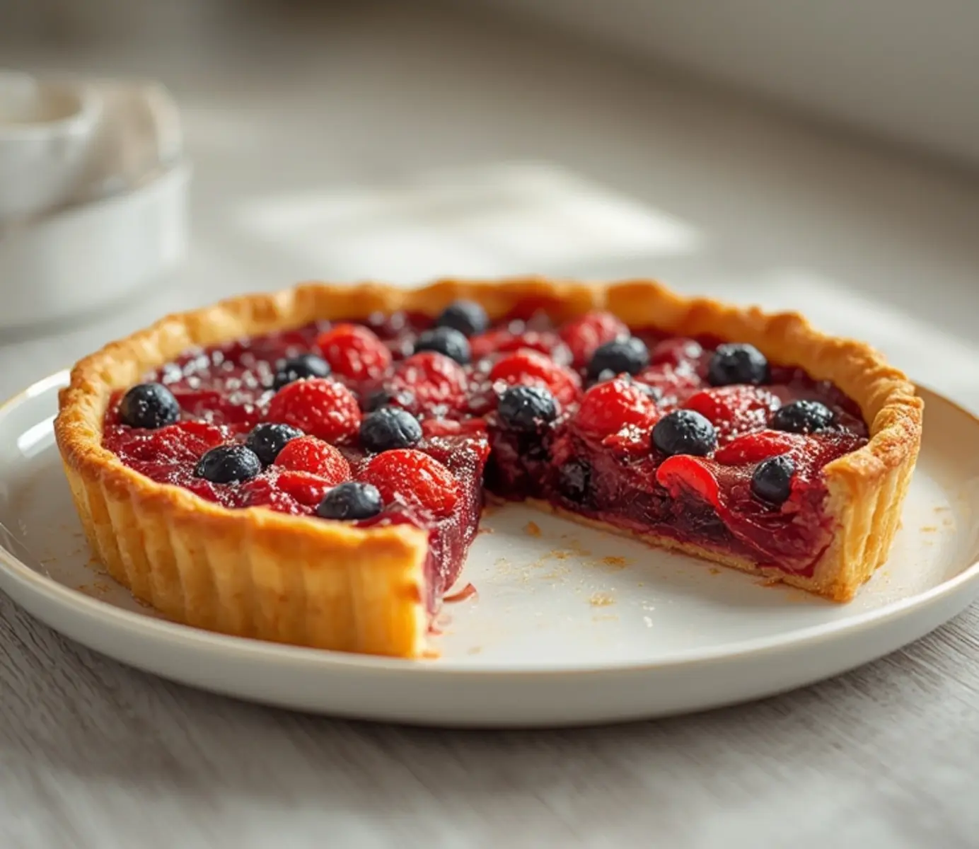 air fryer fruit tart: Golden air fryer fruit tart with juicy berries on a flaky crust, bubbling and glossy.
