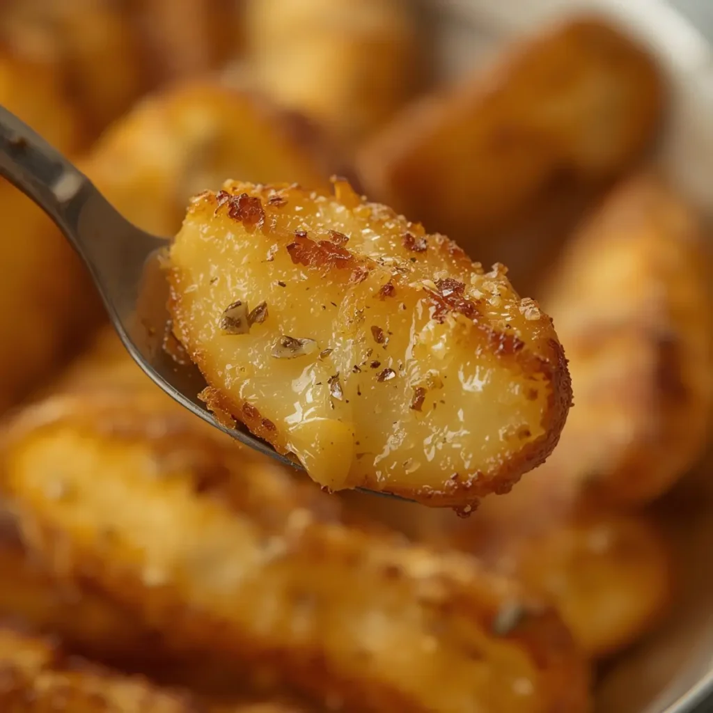 Air Fryer Garlic Potatoes: Crispy golden garlic potato wedges with aromatic minced garlic pieces in air fryer basket.