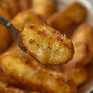 Air Fryer Garlic Potatoes: Crispy golden garlic potato wedges with aromatic minced garlic pieces in air fryer basket.
