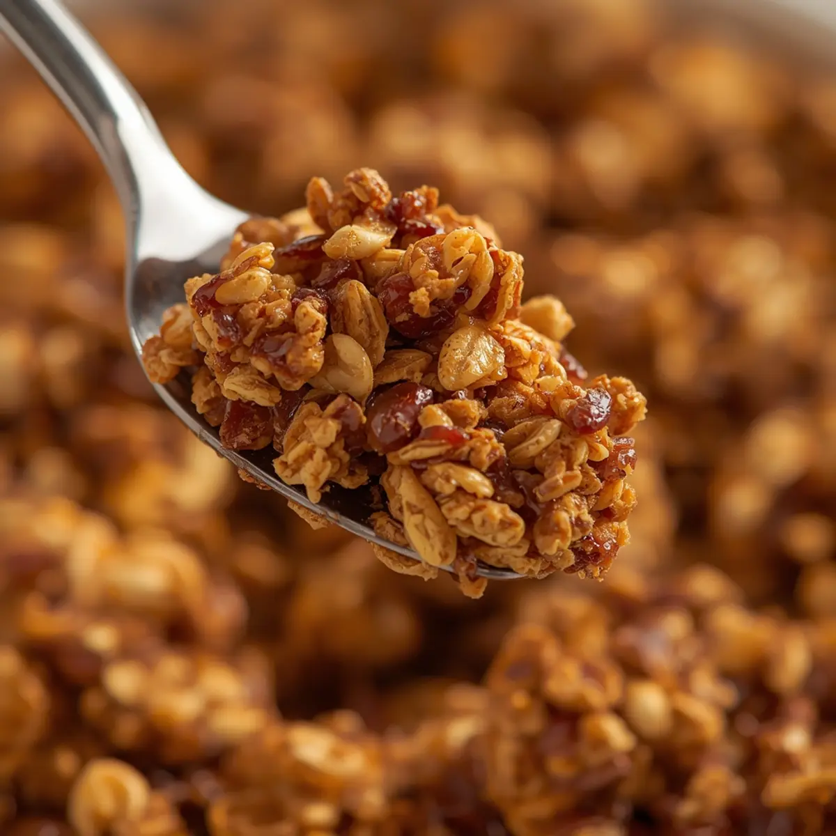 air fryer granola homemade: Golden crispy air fryer granola clusters with oats and nuts, close-up texture.