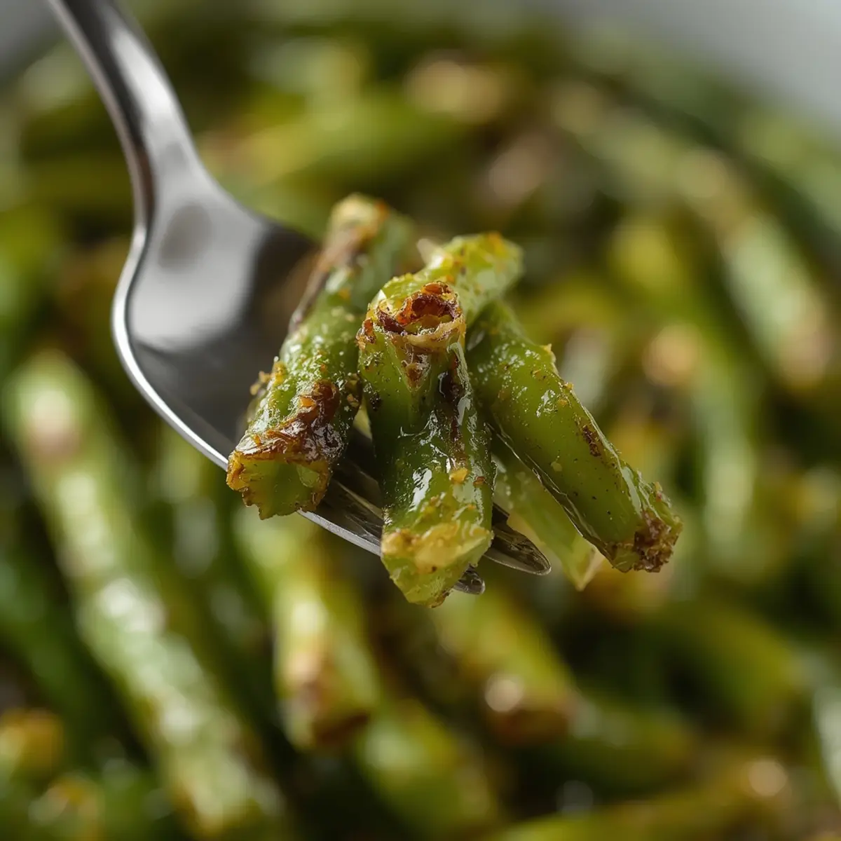 Air Fryer Green Beans: Fresh crispy air fryer green beans with golden browned edges and garlic seasoning in a bowl