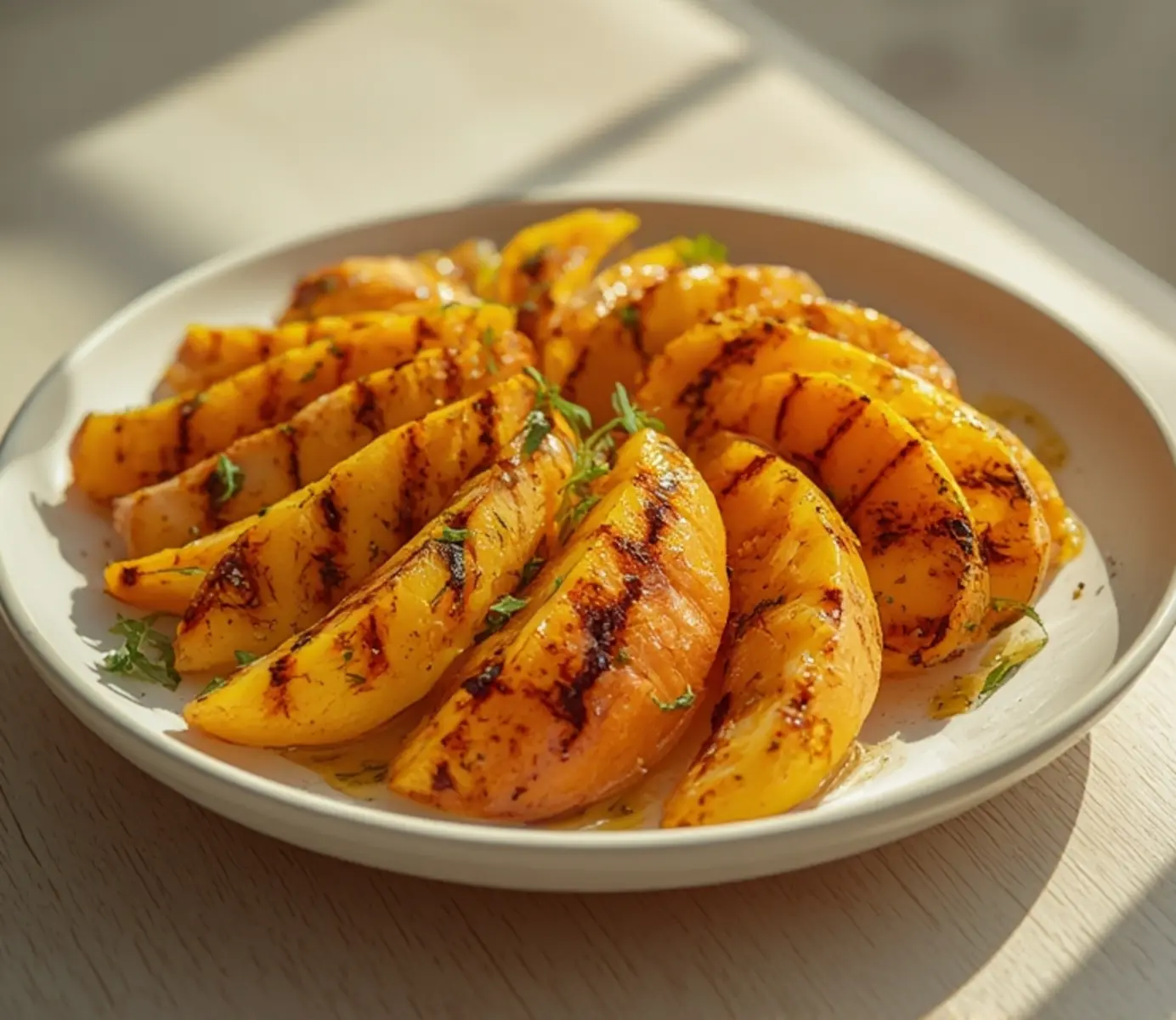 air fryer grilled mango: Golden air fryer grilled mango wedges with caramelized edges and glossy cinnamon oil sheen on a warm plate.