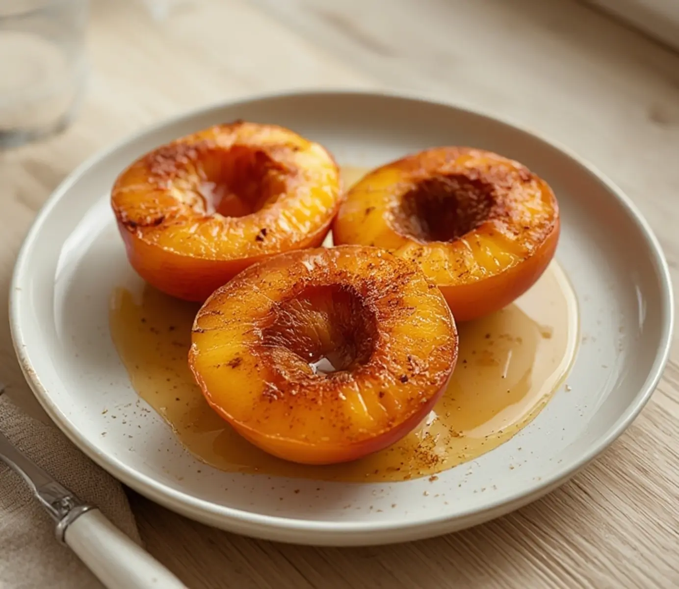 air fryer grilled peaches: Golden grilled peach halves with caramelized surface and char marks in air fryer basket