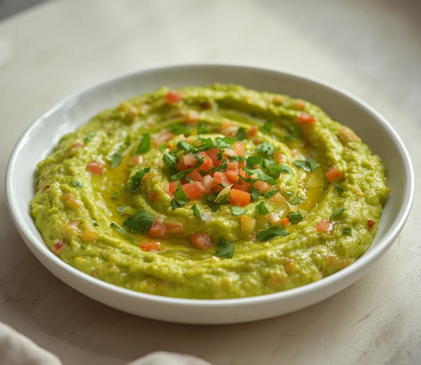 air fryer guacamole warm: Warm bubbly air fryer guacamole in a dish with creamy green texture and red tomato pieces, perfect for Crispy-Air-Fryer-Sides