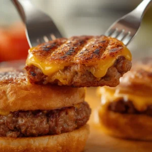 Air Fryer Hamburgers: Juicy air fryer hamburgers with melted cheese on toasted buns showing golden crispy edges and pink center.