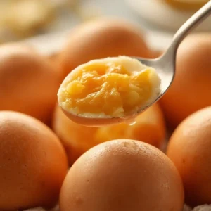 Air Fryer Hard Boiled Eggs: Close-up of perfectly peeled hard boiled eggs with creamy yellow yolks and firm whites, ready to eat.