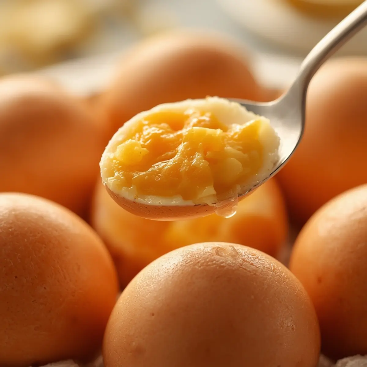 Air Fryer Hard Boiled Eggs: Close-up of perfectly peeled hard boiled eggs with creamy yellow yolks and firm whites, ready to eat.