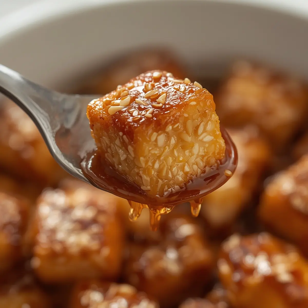 Air Fryer Honey Garlic Tofu: Crispy golden brown tofu cubes coated in sticky glossy honey garlic sauce with sesame seeds.