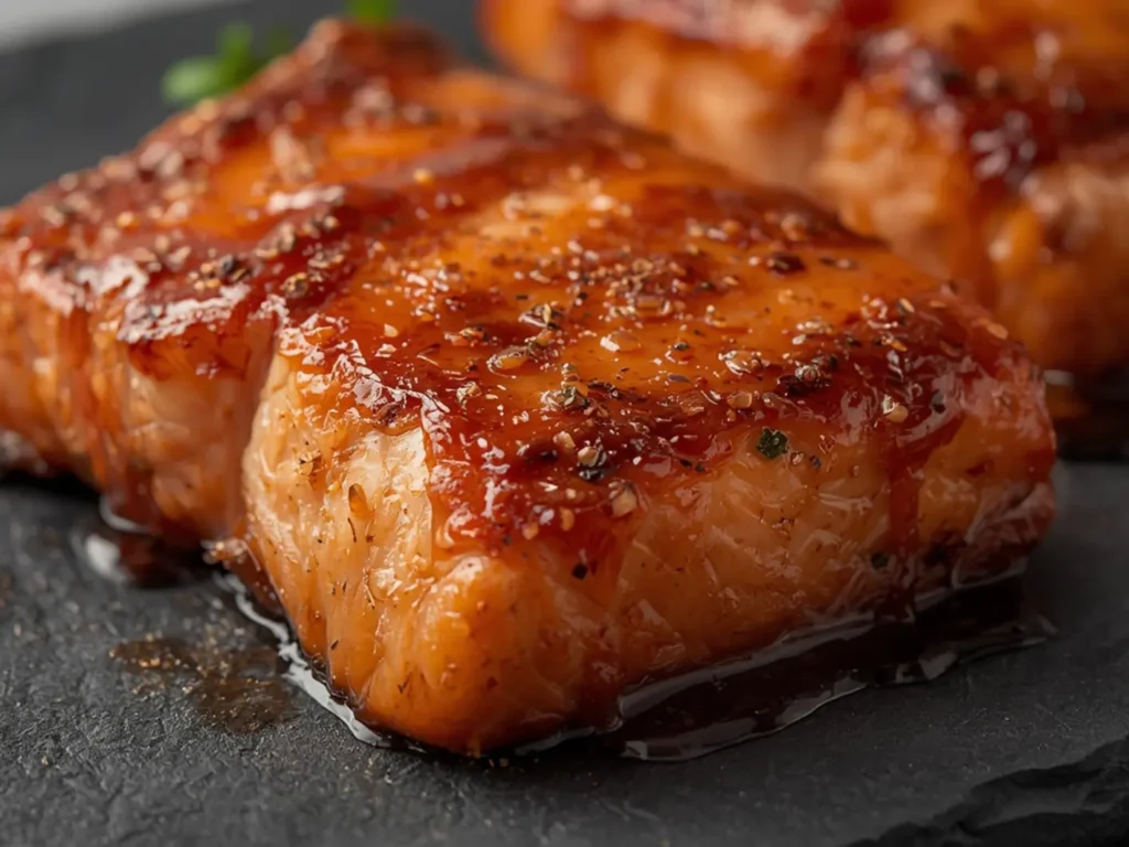 Air Fryer Honey Soy Salmon: Close up of glazed air fryer honey soy salmon fillets with a shiny finish and flaky texture.