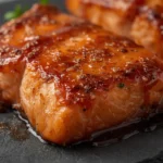 Air Fryer Honey Soy Salmon: Close up of glazed air fryer honey soy salmon fillets with a shiny finish and flaky texture.
