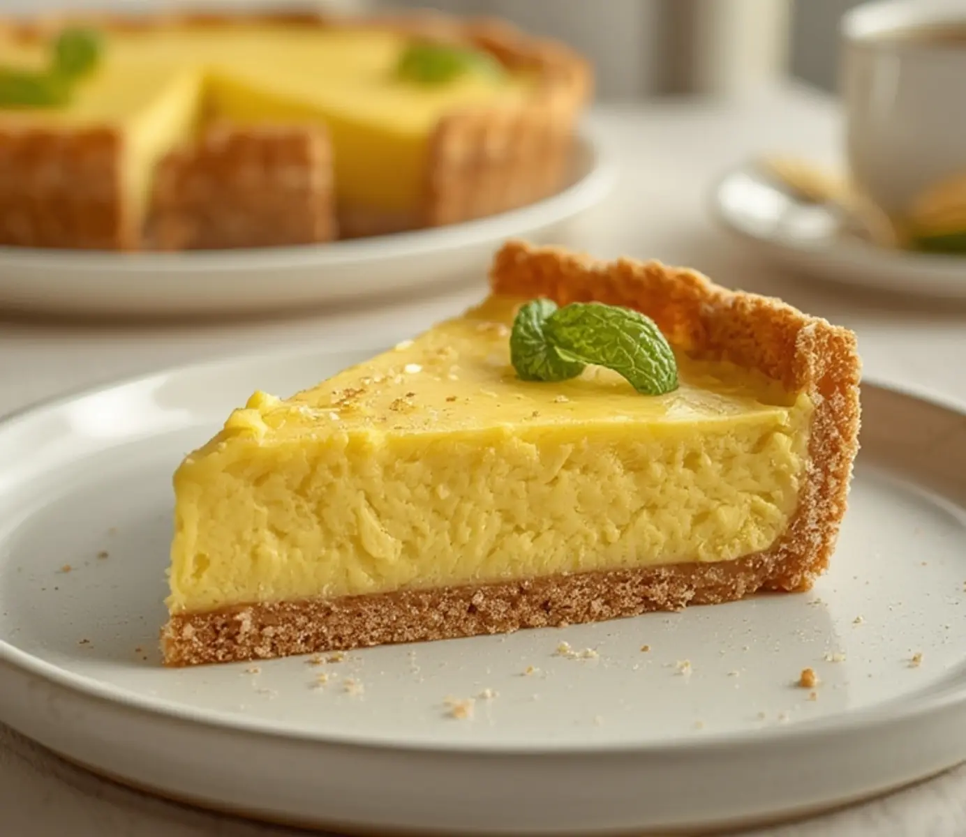 air fryer key lime pie: Golden crust air fryer key lime pie slice with creamy lime filling and visible crumb texture.