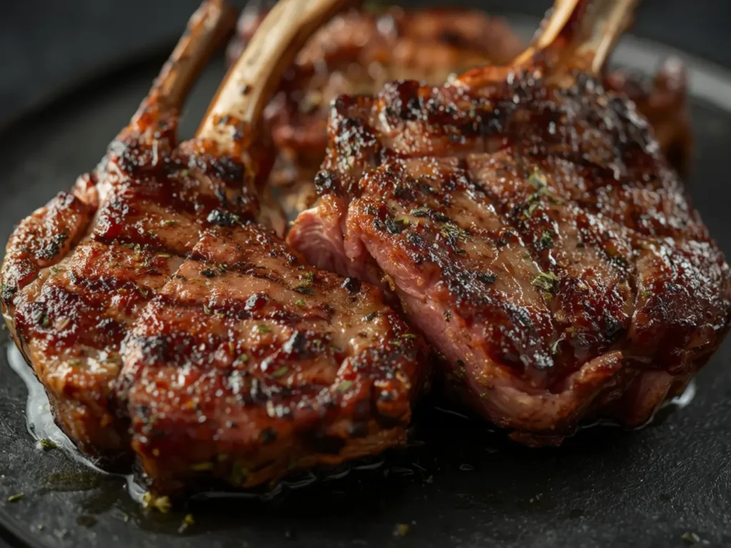 air fryer lamb chops: Golden brown air fryer lamb chops with rosemary and garlic, juicy interior visible