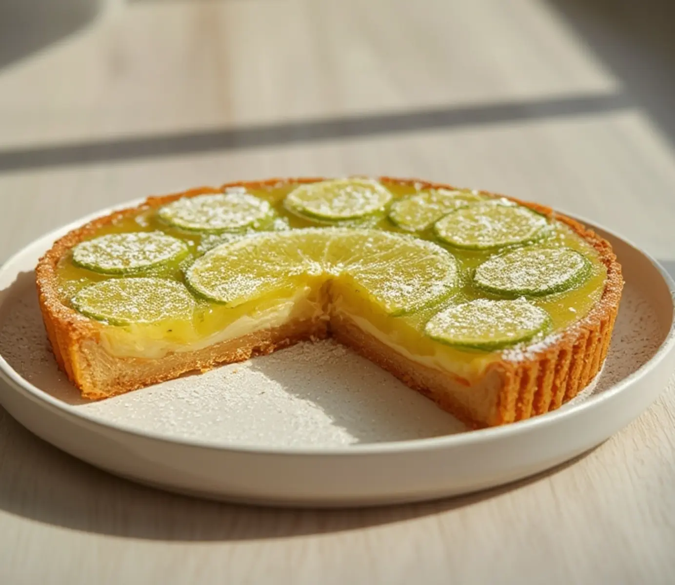 air fryer lime bars tangy: Close-up of golden crust and tangy lime layer in air fryer lime bars, dusted with sugar.
