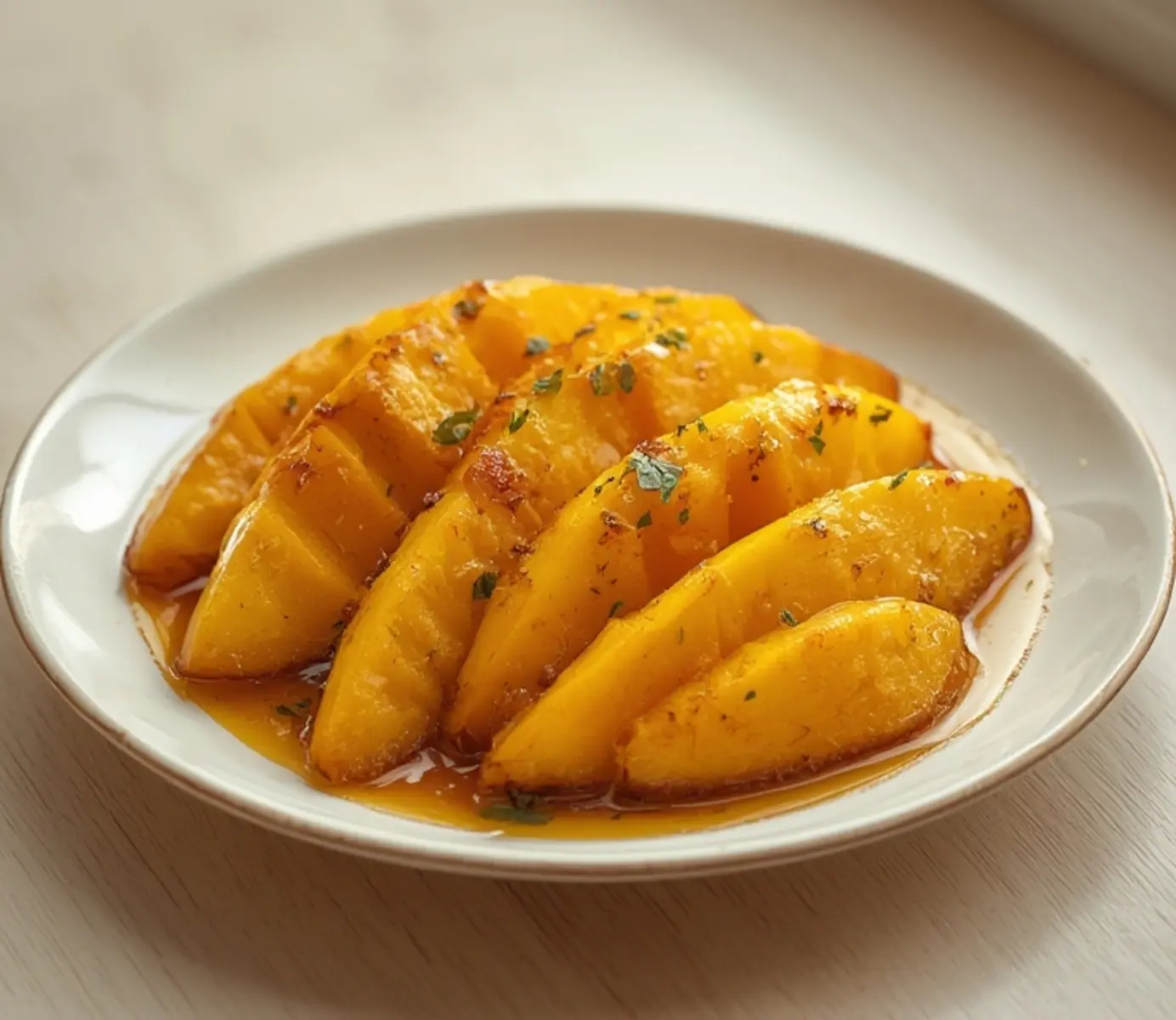 air fryer mango dessert: Glossy caramelized air fryer mango wedges on a white plate with a scoop of melting vanilla ice cream.