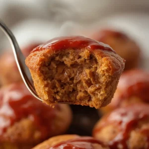 Air Fryer Meatloaf Muffins: Close-up of golden brown, juicy air fryer meatloaf muffins with a ketchup glaze.
