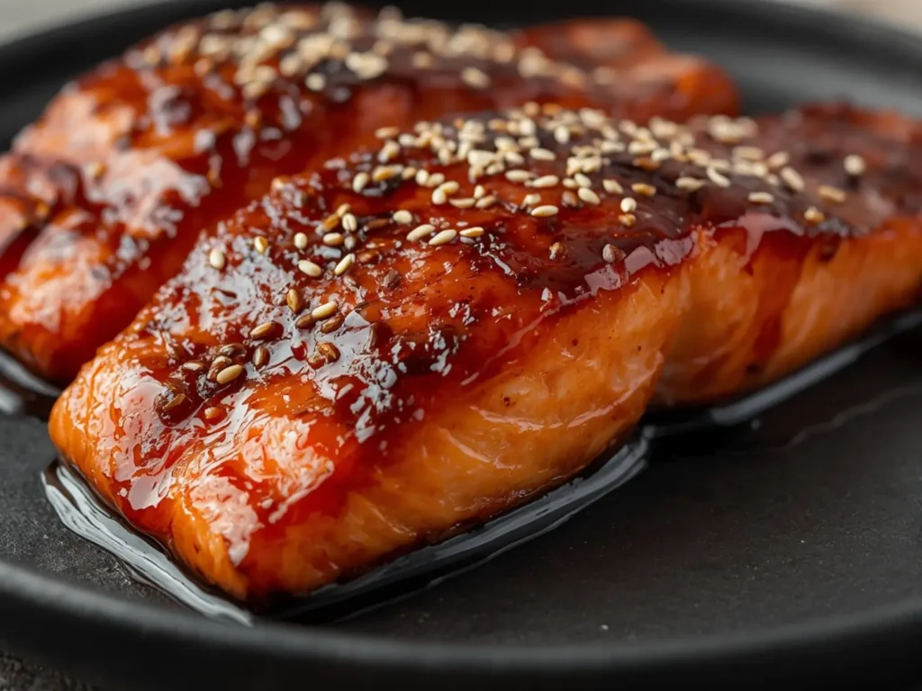 Air Fryer Miso Glazed Salmon: Sticky glazed salmon fillets with sesame seeds in an air fryer basket