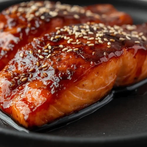 Air Fryer Miso Glazed Salmon: Sticky glazed salmon fillets with sesame seeds in an air fryer basket