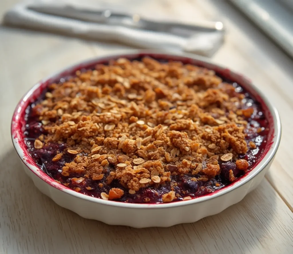 air fryer mixed berry crisp: Golden brown oat crumble topping bubbling over baked mixed berries in a white ramekin.