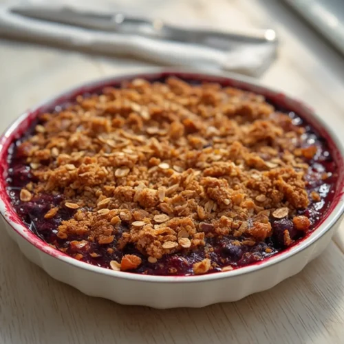 air fryer mixed berry crisp: Golden brown oat crumble topping bubbling over baked mixed berries in a white ramekin.