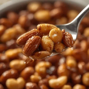 air fryer mixed nuts roasted: Roasted mixed nuts in air fryer basket, golden brown and crunchy with salt specks.