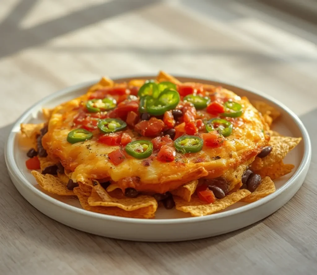 air fryer nachos loaded: Crispy loaded air fryer nachos with melted cheese, beans, and jalapeños.