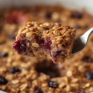 air fryer oatmeal bake spring: Golden baked oatmeal in a pan with fresh spring berries on top, air fryer breakfast recipe