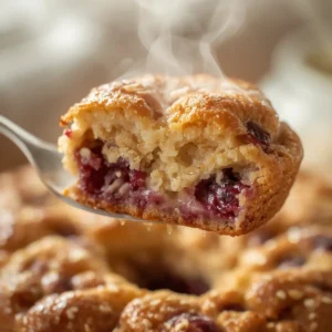air fryer oatmeal bake spring: Golden brown oatmeal bake in a pan with fresh red berries, soft texture.