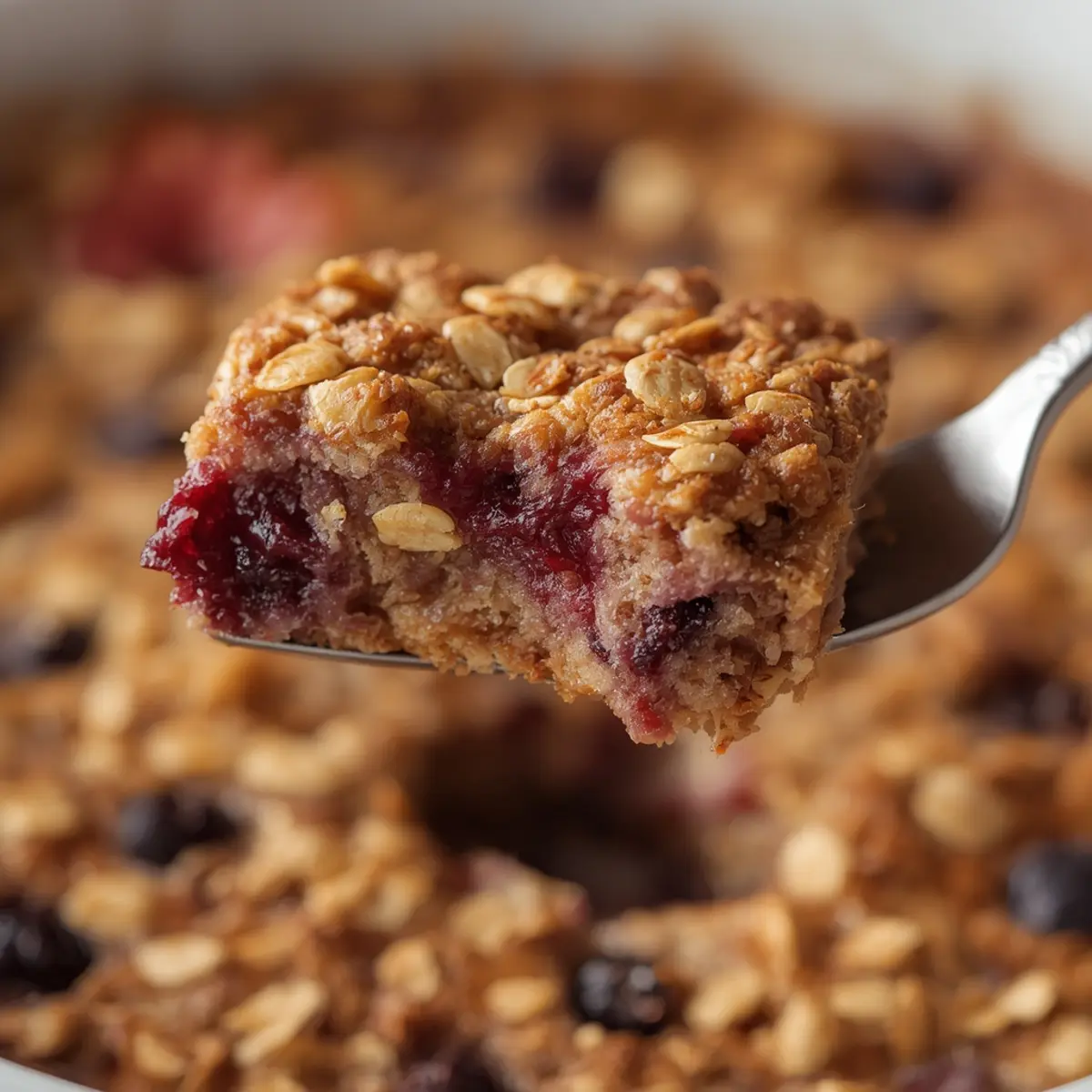 air fryer oatmeal bake spring: Golden baked oatmeal in a pan with fresh spring berries on top, air fryer breakfast recipe