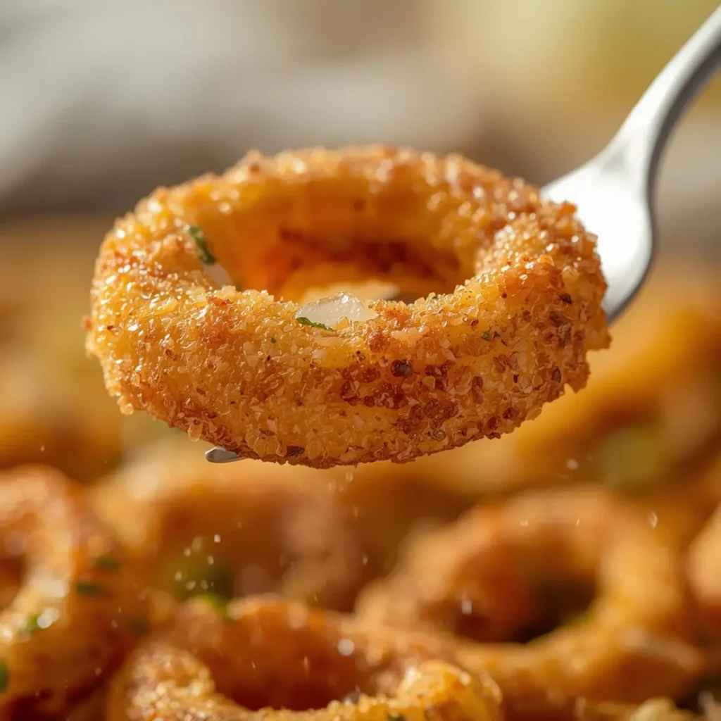 Air Fryer Onion Rings: Crispy golden air fryer onion rings stacked high with a crunchy panko coating and tender onion center visible.