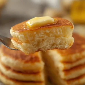 air fryer pancakes fluffy: Stack of golden fluffy air fryer pancakes with melting butter on top.