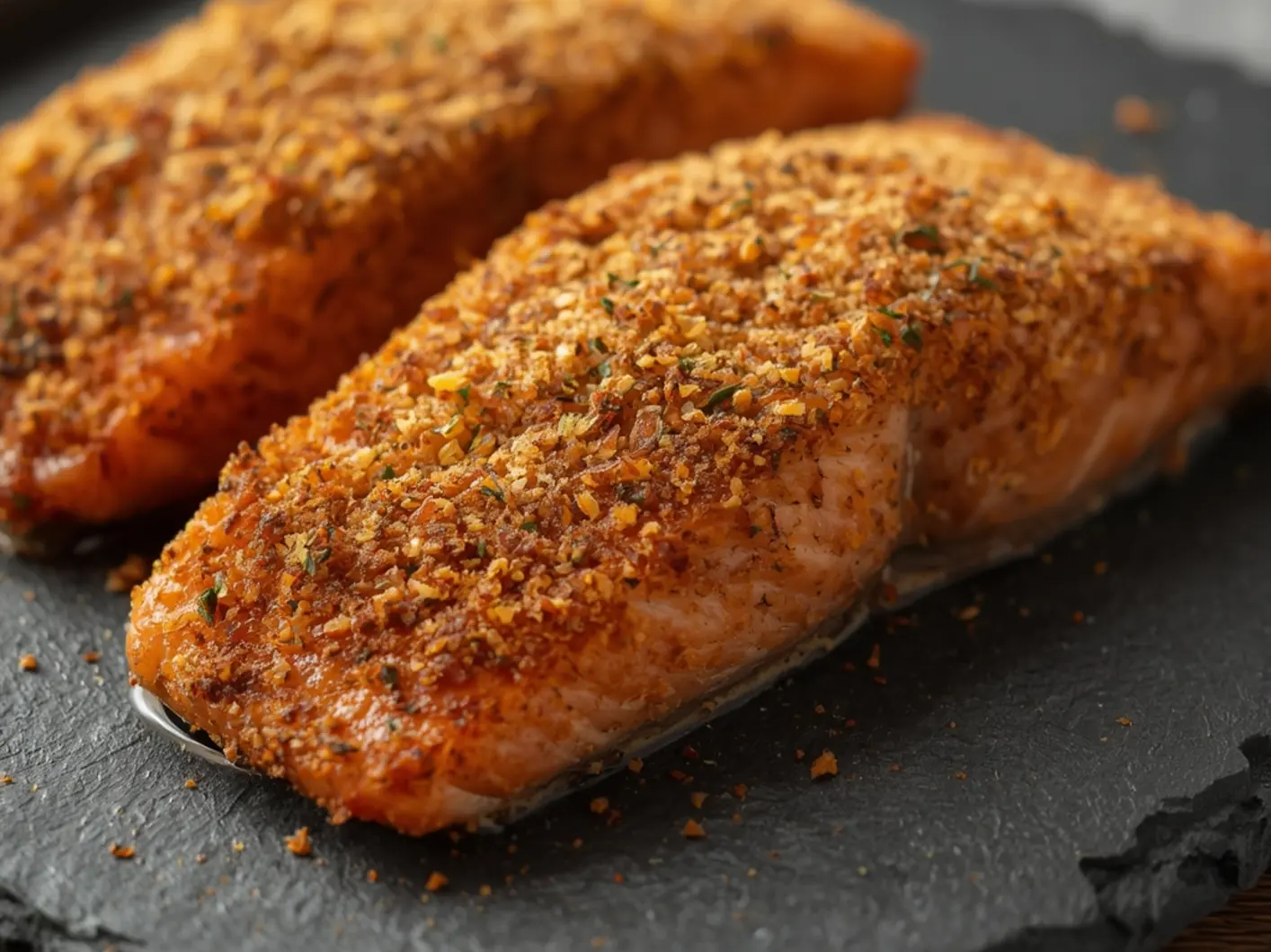 Air Fryer Panko Crusted Salmon: Golden brown panko crusted salmon fillet in an air fryer basket, showing a crispy texture and seasoned crust.
