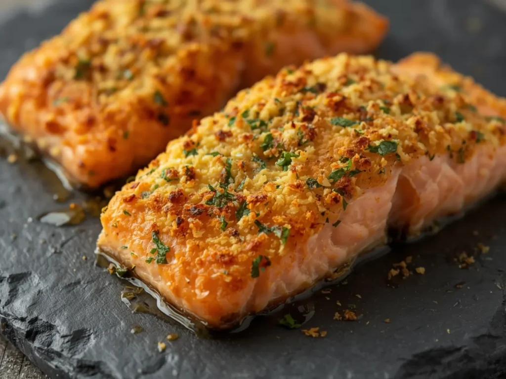 Air Fryer Parmesan Basil Salmon: Golden crispy parmesan crusted salmon fillets in an air fryer basket with fresh basil on top