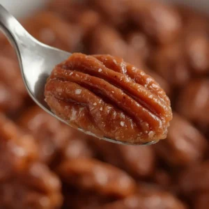 air fryer pecans candied: Close-up of golden brown candied pecans with a glossy, sticky coating and crispy texture.
